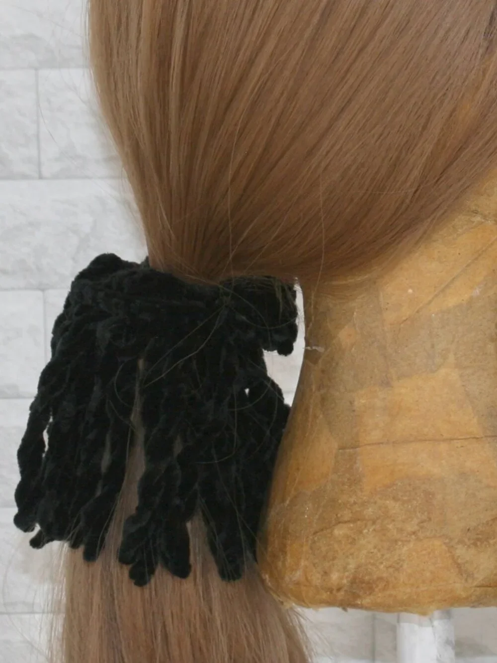 HAND CRAFTED Hair Scrunchie Fringe Crochet Kids Chenille Velvet Oversized Black